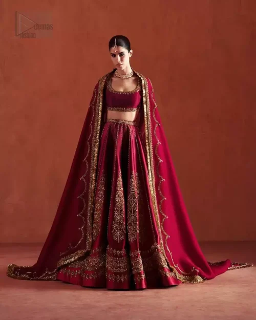 Full Front Ensemble: Full-length view of the Ruby Red Flared Lehenga and Blouse, a traditional masterpiece for a grand wedding