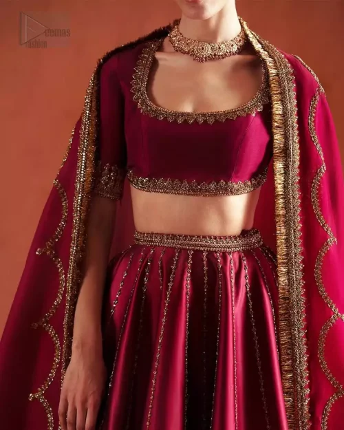 Neckline Focus: Close-up of the classic round neckline on the ruby red blouse, featuring intricate antique golden embroidery.