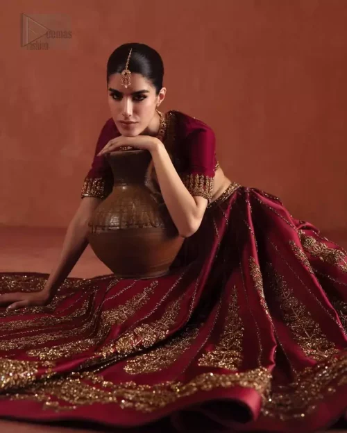 Dabka & Pearl Work: Intricate hand-embroidery featuring pearls and beads on the ruby red pure silk bodice.