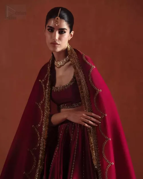 Fabric Texture: A close-up of the 100% pure silk fabric in ruby red, emphasizing the luxurious sheen and high-quality weave.