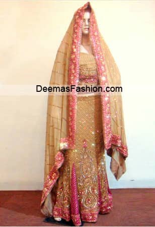 Pakistani Bridal Wear Dress - Light Golden Pink Lehnga