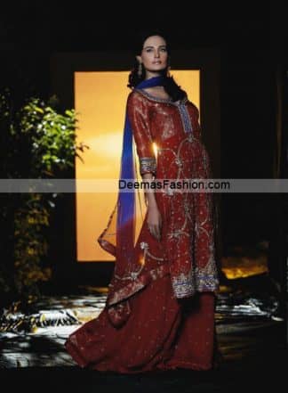 Latest Bridal Wear Dress - Deep Red Blue Sharara
