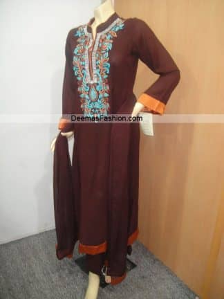 Latest Pakistani Casual Wear Fashion Dark Brown Embroidered Dress
