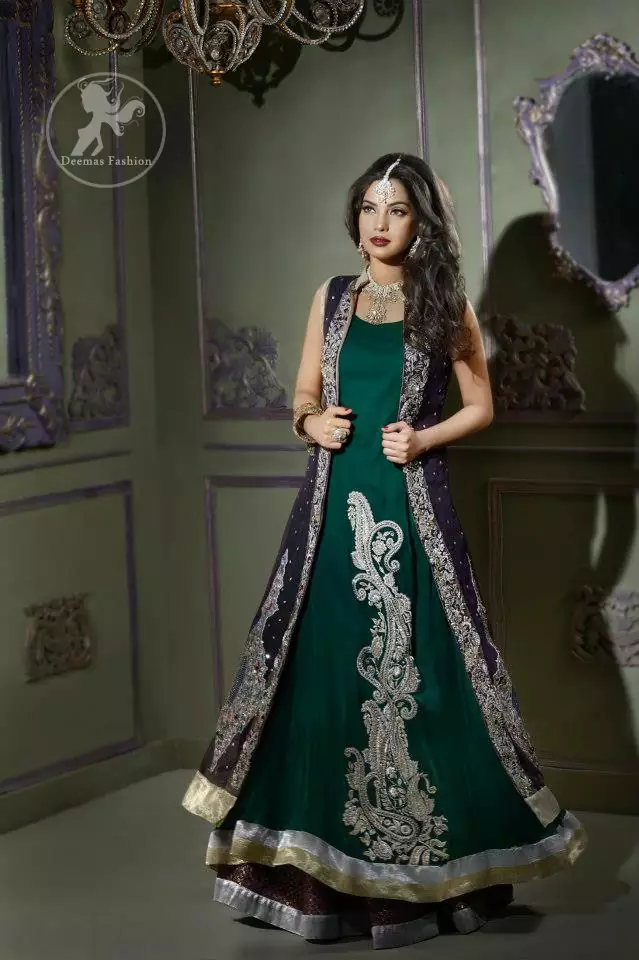 Bottle Green Front Open Gown Style Long Dress