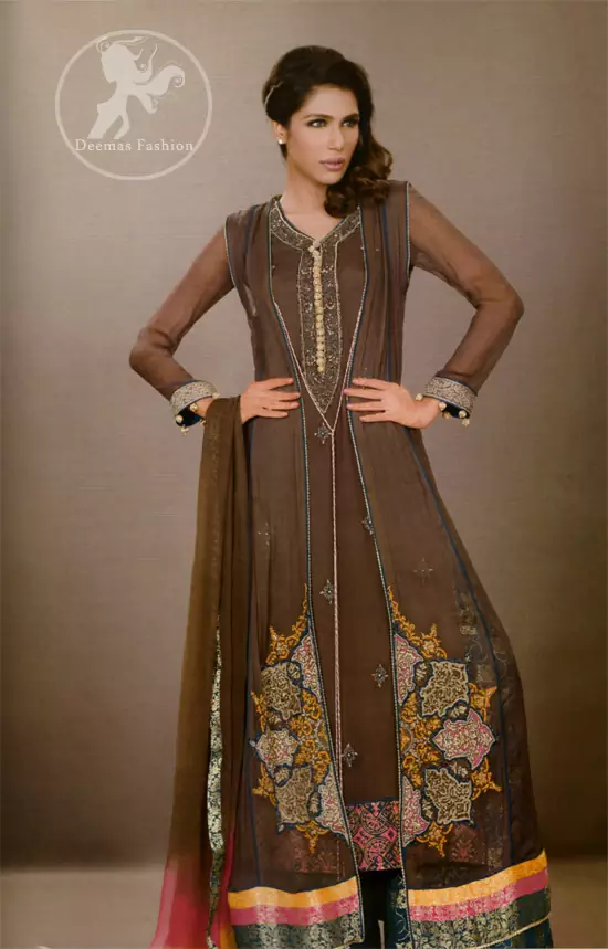 Dark Brown Front Open Casual Wear Gown & Straight Trouser