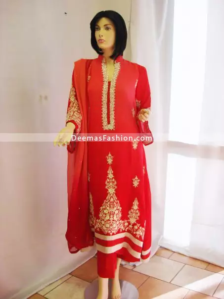 Designer Wear Red Embroidered Dress - Red Beige