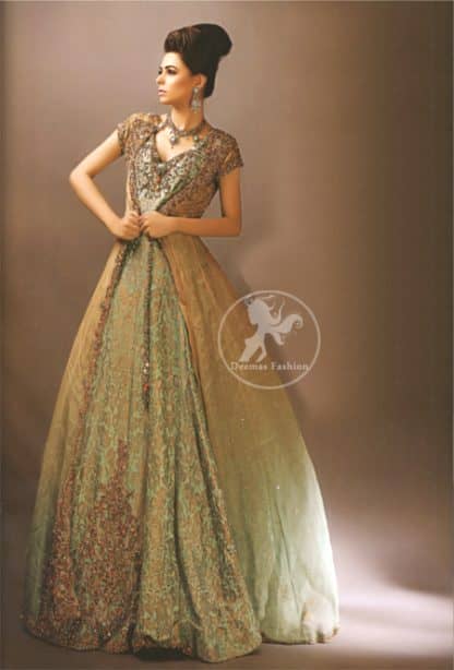 Latest Pakistani Fawn Gown with Pistachio Green Maxi