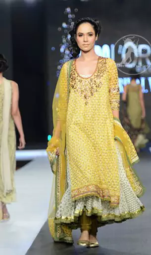 Latest Mehndi Collection Yellow & Off-White Double Layer Frock & Churidar