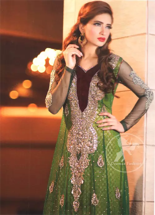 Latest Pakistani Mehndi Wear Bottle Green Frock With Embellished Long Neckline