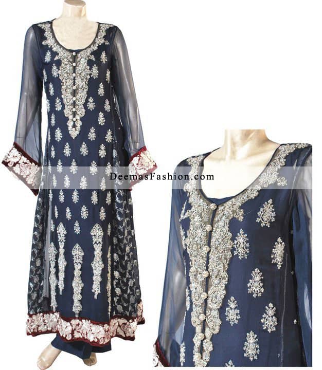 Latest Pakistani Fashion 2016 Navy Blue A-Line Dress