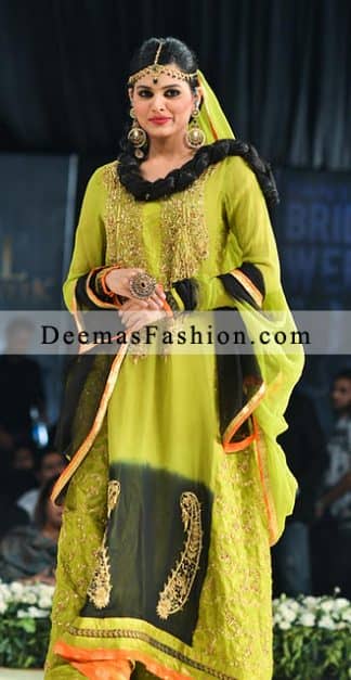 Latest Bridal Wear Fashion Mehndi Bottle Green A-Line Dress