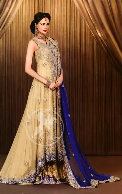 Light gold pure chiffon back trail frock. Frock has been adorned with long embellished neckline