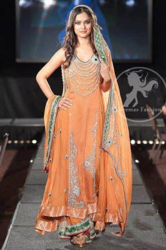Orange A-Line Frock And Sharara With Embellished Neckline And Dupatta