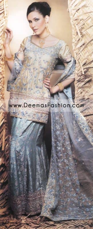 Buy Pakistani Bride Wear Online – Grayish Blue Golden Lehnga