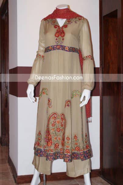 Casual Anarkali Dress Light Brown Embroidered Dress