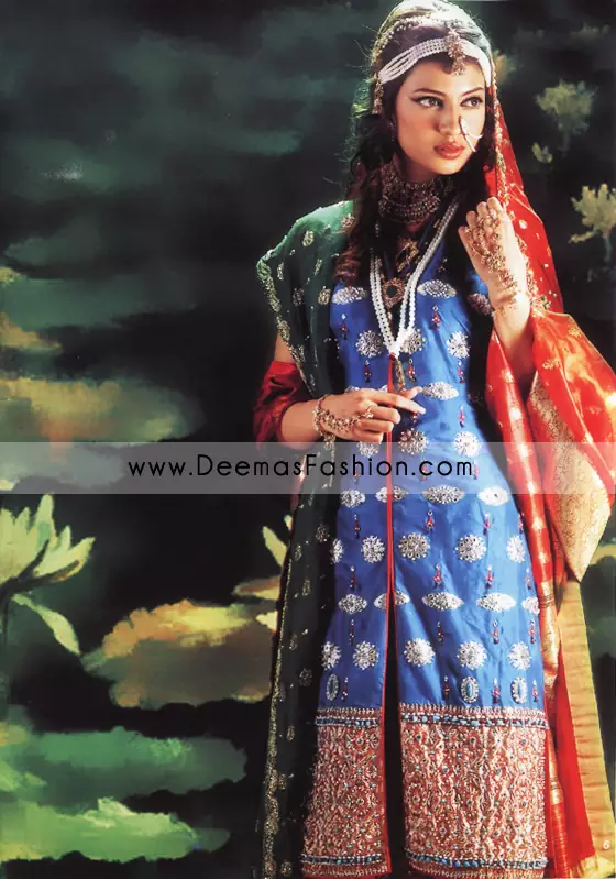 Pakistani Designer Wear Bridal Dress - Red & Blue