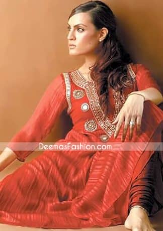 Pakistani Designer Wear - Red Anarkali Churidar Dress