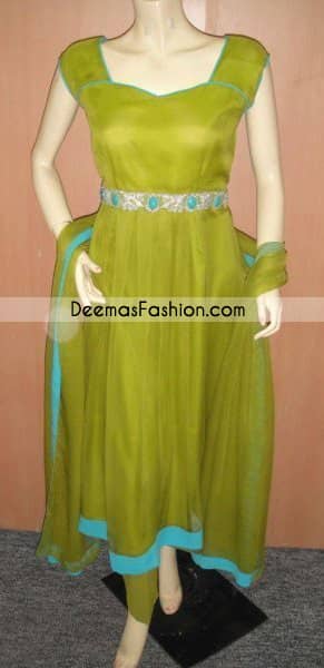 Pakistani Latest Fashion - Simple Mehndi Green Anarkali Dress