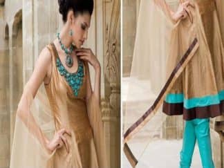 Pakistani Anarkali Fashion – Light Brown Sea Green Frock Churidar