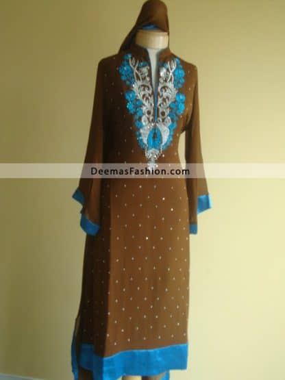 Pakistani Casual Wear - Brown Ferozi Embroidered Dress