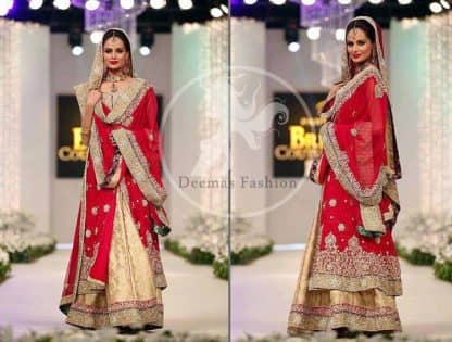 Red Front Open Embellished Bridal Frock And Fawn Lehnga