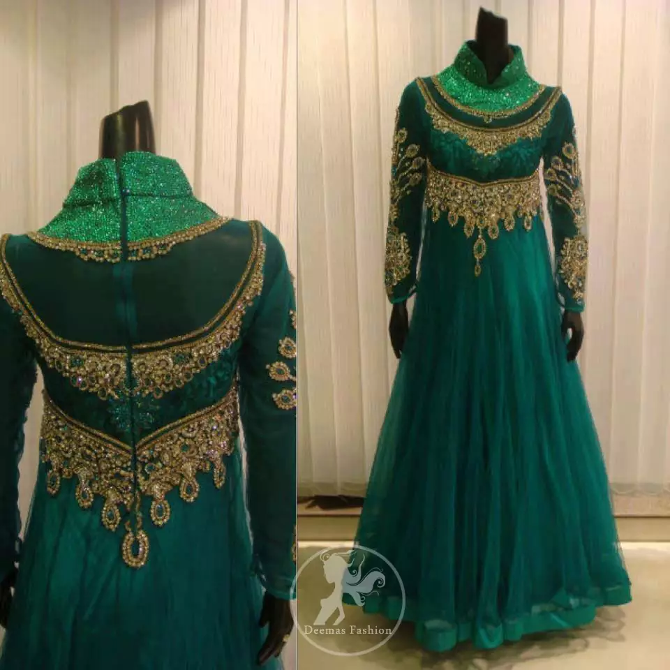 Teal Net Frock with Front Back Embroidery on Bodice