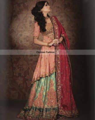 Top Pakistani Designers Bridal Wear 2013 Peach Green Lehnga