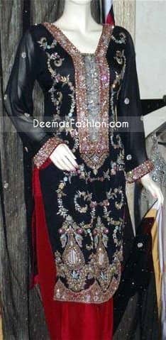 Pakistani Clothing Black - Red Tilla Work Dress