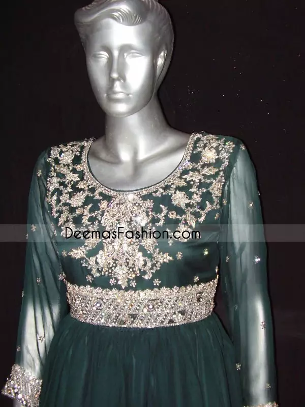 Pakistani Designer Dress Bottle Green Anarkali Frock