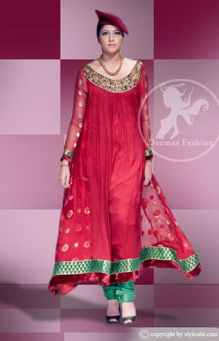 Bright Red A-Line Frock Bottle Green Churidar