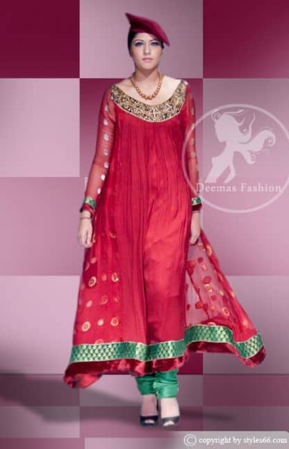 Bright Red A-Line Frock Bottle Green Churidar