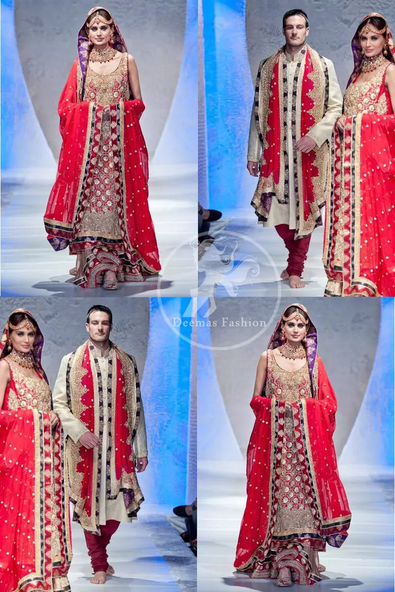 Bright Red Fully Embroidered Shirt Bridal Wear Lehnga and Light Dupatta