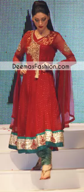  Bright Red Turquoise Green Anarkali Frock Churidar