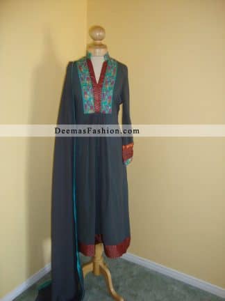 Dark Grey Embroidered A-Line Casual Dress