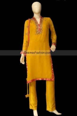 Golen Yellow With Red Embroiderd Neck