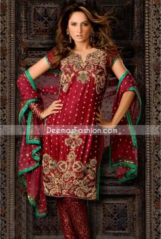 Traditional Pakistani Dress - Maroon Banarsi Churidar Suit