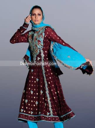 Pakistani Fashion Maroon Ferozi A-Line Anarkali Frock