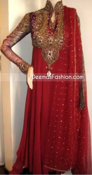 Red Embroidered Neck Pure Chiffon Frock Jamawar Dupatta - Ladies Wear Deep Red Pure Chiffon Anarkali Fashion Dress