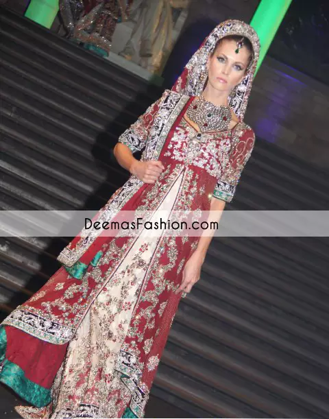  Red Front Open Gown off White Bridal Wear Lehnga