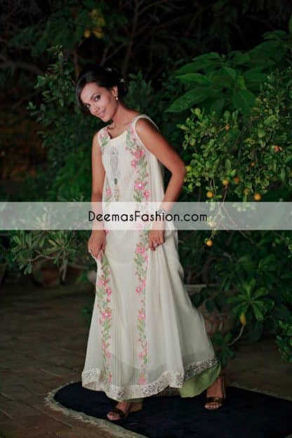 White pure crinkle chiffon Aline dress having embroidered motif under the neckline. Embroidered border has been implemented on hemline. Beautiful embroidery has been implemented on both panels. Fully lined dress. Concealed with back zip closure. This outfit is coordinated with parrot green bell bottom and white white dupatta with sequins spray all over it.