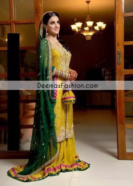  Yellow Bottle Green Bridal Mehndi Wear Sharara