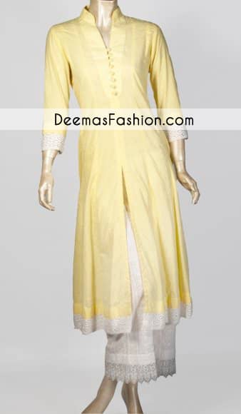 Latest Pakistani Fashion Yellow White Casual Wear Cotton Dress